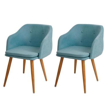 Imagem de Kit 2 Cadeiras ANM8011F Anima Office Estofada em Tecido Azul Tiffany Base em Aço Simulando Madeira