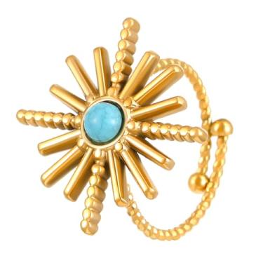 Imagem de BlingNook Anéis de ouro grossos para mulheres e homens, anel moderno de aço inoxidável boêmio com flor de sol empilhável, não mancha, pingente floral boêmio, joia aberta ajustável, presente para