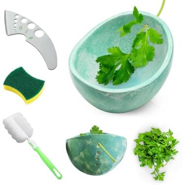Imagem de Frstem 2 peças de descascador de ervas de cerâmica (tigela verde + removedor de ervas), decapador de ervas de cerâmica feito à mão com diferentes tamanhos de furos redondos, utensílios de cozinha para
