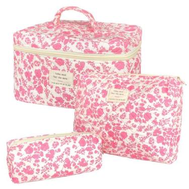 Imagem de Conjunto de bolsa de maquiagem WYJ acolchoado floral rosa de algodão 3