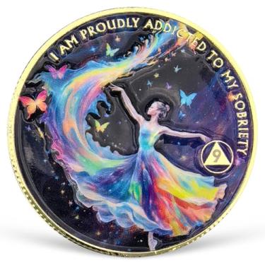 Imagem de Moeda de sobriedade de 9 anos feminina poder AA moeda colorida recuperação AA NA chips e medalhões comemorando 1-15 anos símbolo limpo e sóbrio narcóticos alcoólicos presentes anônimos para mulheres