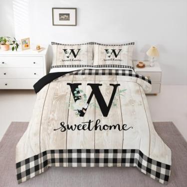 Imagem de Erosebridal Conjunto de edredom de flores com alfabeto personalizado com inicial W, tamanho solteiro, estampa floral campestre para crianças, meninos, meninas, homens, madeira, rústico, decoração de