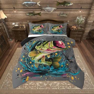 Imagem de Erosebridal Conjunto de cama para adolescentes, caça e pesca, Queen, com estampa de peixe, lúcio, vida oceânica, tie dye, com 2 fronhas, para crianças, meninos, jovens, homens, decoração de cabana no