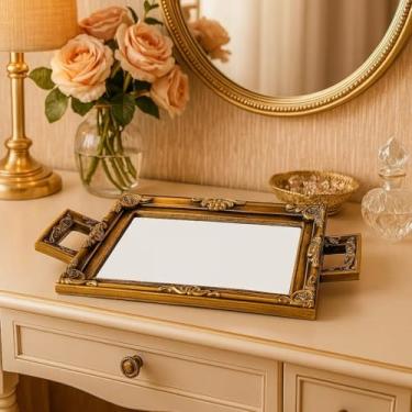Imagem de Bandeja Decorativa Espelhada com Alças, Moldura Provençal Ornamentada, 38,50 x 23,70 cm Recepção, Mesa, Aparadores (Ouro Velho)