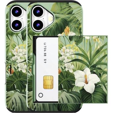 Imagem de MUQR Capa compatível com telefone 17 com porta-cartão fofo - design kawaii, proteção contra quedas de nível militar, capa carteira robusta para mulheres (folhas verdes de flores tropicais)
