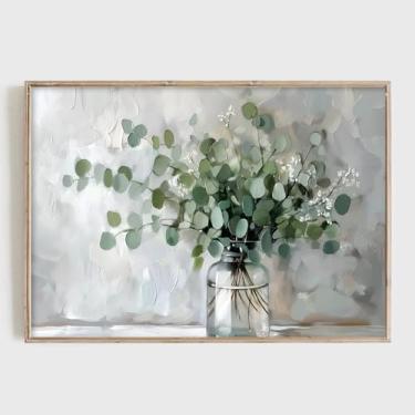 Imagem de Arte de parede em tela botânica verde imagem de eucalipto impressão abstrata folha de eucalipto vaso de vidro tela arte de parede planta verde arte minimalista impressão botânica fazenda planta