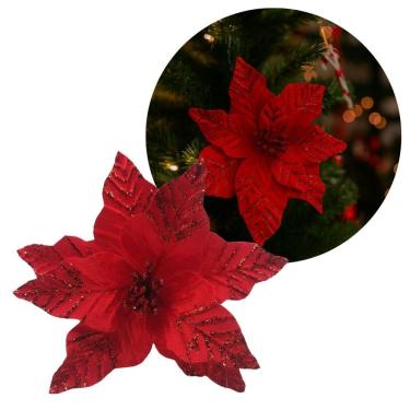 Imagem de Flor Bico de Papagaio Natal Pick Veludo Vermelho Borda Glitter Luxo 25cm