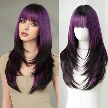 Imagem de Peruca 7JHH WIGS longa reta roxa sintética com franja de 65 cm