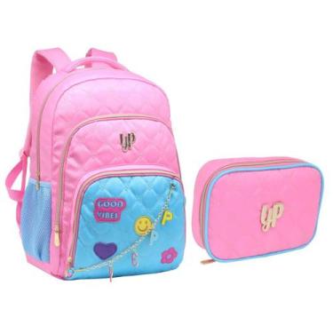 Imagem de Kit Mochila Com Patches Good Vibes Estojo Box Feminina Juvenil Escolar