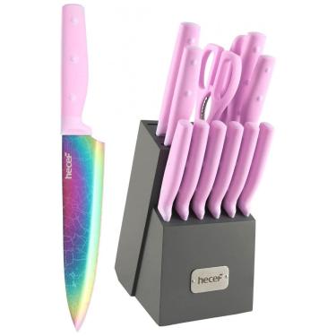 Imagem de Conjunto de Facas Hecef em Titânio com Bloco de Bancada e Afiador Embutido, 14 Peças, Rosa