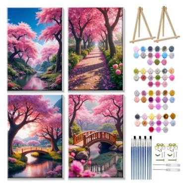 Imagem de JOOZ Kit de pintura por números para adultos com moldura de paisagem de montanha por número com cavalete faça você mesmo Sakura Tree Kits de pintura a óleo por números para decoração de parede de casa