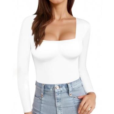 Imagem de Camiseta feminina MANGOPOP, manga comprida, gola quadrada, branca