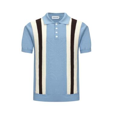 Imagem de Camisa polo masculina OXKNIT azul claro com listras texturizadas vinta