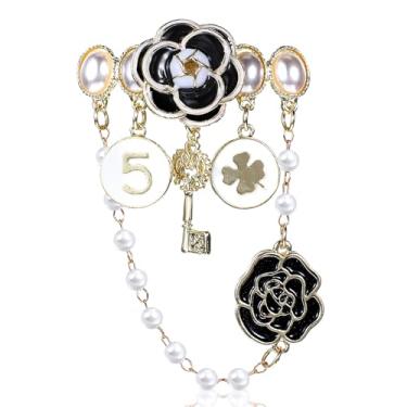 Imagem de ElevateTech Broche de corrente pendente de pérola sintética broche de pérola vintage para mulheres número 5 strass camélia e broches de trevo de quatro folhas alfinetes de lapela elegantes para