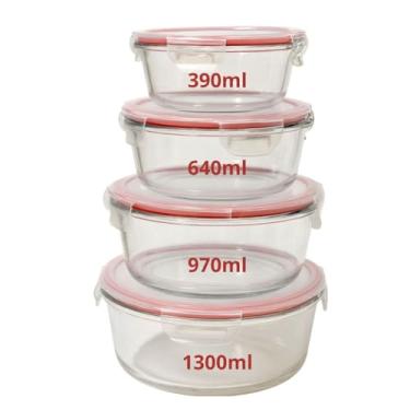 Imagem de Kit Conjunto 3/5/6/10 Potes Herméticos Geladeira Vidro Marmita Tampa Click Vedação Silicone Borracha(Combo 4 Potes Redondo Vermelho)
