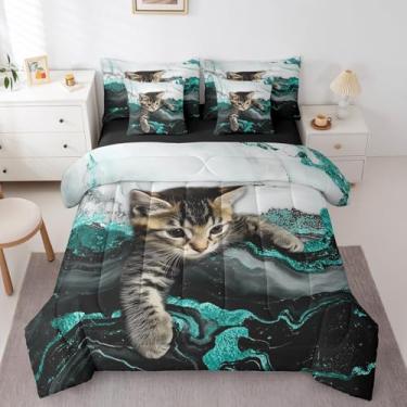 Imagem de Jogo de cama solteiro de mármore verde, turquesa, verde marmorizado, para crianças e adultos, para meninos e meninas, conjunto de cama com lençol com 7 peças