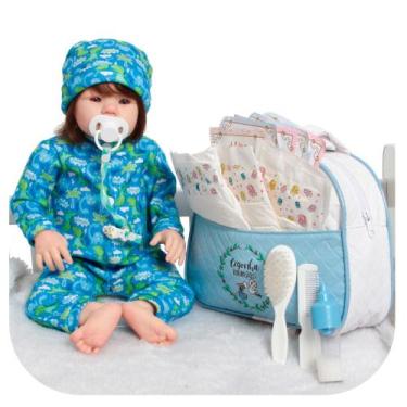 Imagem de Boneco Reborn Realista Menino Fio a Fio Roupa Dino Bolsa - Cegonha Reb