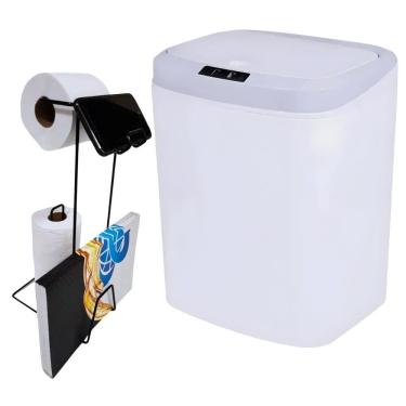 Imagem de Lixeira Automática Branca 16 Litros USB KALA com Suporte para Papel Higiênico 3 Rolos Preto EVALD