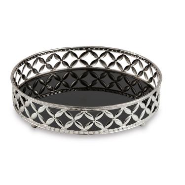 Imagem de Bandeja Decorativa Redonda Em Metal Prata Com Espelho Preto 5x24,5 Cm  - D'Rossi