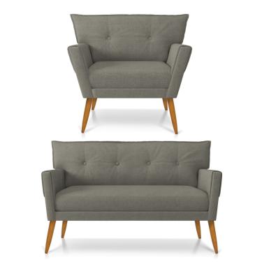 Imagem de Kit 01 Namoradeira 02 Lugares e 01 Poltrona Anitta Linho Grafite A26 Pés Palito Castanho - D'Rossi