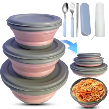 Imagem de RMAMSCOV Tigela de acampamento, 3 peças de silicone de grau alimentício dobrável lancheira tigela de salada com tampa, recipientes expansíveis de armazenamento de alimentos conjunto com talheres