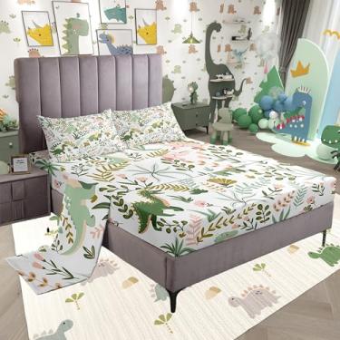 Imagem de Castle Fairy Jogo de lençol Queen fofo de dinossauro, rosa e verde, desenho kawaii, vida selvagem, folhas florais, lençol com elástico, 2 fronhas