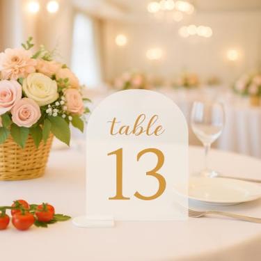 Imagem de Placas acrílicas para mesa de casamento, 13 x 17 cm, arco de festa, números 1-15 com fonte dourada (número 13)