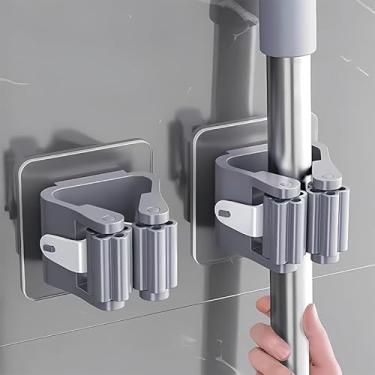 Imagem de Suporte de parede para vassoura, suporte autoadesivo para esfregão com aderência antiderrapante, ferramentas de limpeza, gancho de adesivo para jardim, garagem, banheiro, cozinha, vaso sanitário