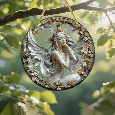 Imagem de Acrílico colorido Suncatcher, anjo escultura floral 18 cm, decoração de parede de janela suspensa com design de vitral impresso, ideia de presente e ornamento de jardim, uso interno e externo