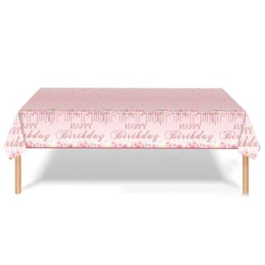 Imagem de Toalha de mesa floral com tema rosa de aniversário, toalha de mesa retangular, descartável, decoração de plástico para mulheres