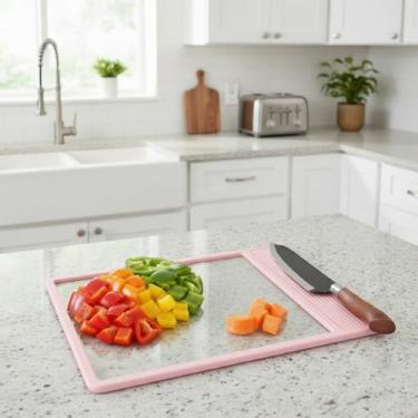 Imagem de NiHome Tábua de corte de vidro 38 x 27 cm, tábua de cortar vidro temperado com bordas de silicone antiderrapantes, zonas duplas para carne e legumes, resistente ao calor até 176 °C, lavável na