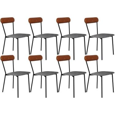 Imagem de Kit 08 Cadeiras Estofada Para Sala de Jantar Liora Preto C01 Linho Prata Courino Caramelo - Lyam Decor
