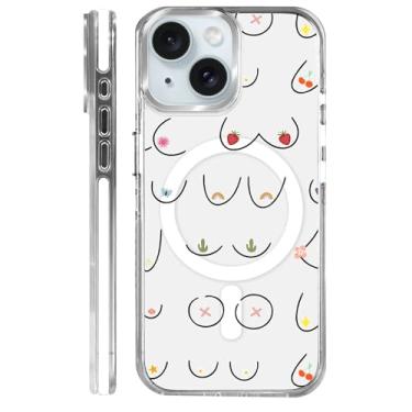 Imagem de MQJCYB Capa magnética para iPhone 15 com design em base transparente, compatível com MagSafe, capa protetora fina de TPU macio, capa de telefone para mulheres e meninas, sexy, exclusivo, morango