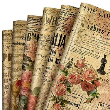 Imagem de AnyDesign 12 folhas de papel de embrulho vintage retrô impressão de jornal papel kraft papel de embrulho de presente dobrado rosa plana papel de arte para festa de aniversário de casamento, artesanato faça você mesmo, embrulho de presente, 40 x 70 cm