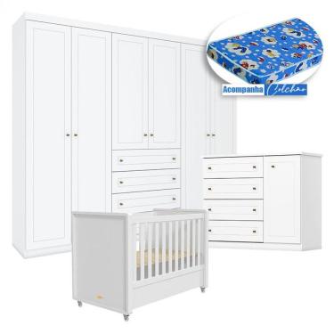 Imagem de Quarto Infantil Americano 6 Portas Com Berço Tutto New Branco Fosco E Colchão Ortobom - Henn
