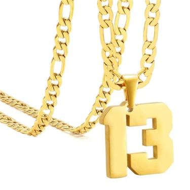 Imagem de HIJONES Colar esportivo masculino de aço inoxidável com corrente grossa com pingente de equipe de basquete futebol número 13