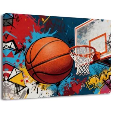 Imagem de Arte de parede de basquete estilo grafite emoldurado, 30,5 x 40,6 cm, impressão em tela temática esportiva para sala de jogos, quarto, decoração de quarto de menino adolescente