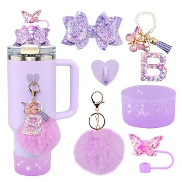 Imagem de Conjunto de 6 peças de acessórios de copo Stanley roxo - tampa de cobertura de palha de borboleta, laço brilhante para canudo, bota de silicone brilhante, pingente de letra e pompom para copos satnley