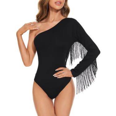 Imagem de Blusa Komorebi Fringe Trim One Shoulder, preta, GG, feminina