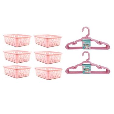 Imagem de Kit 6 Cestos Organizador 16x12x6Cm + 10 Cabide Infantil Rosa - 123Orga