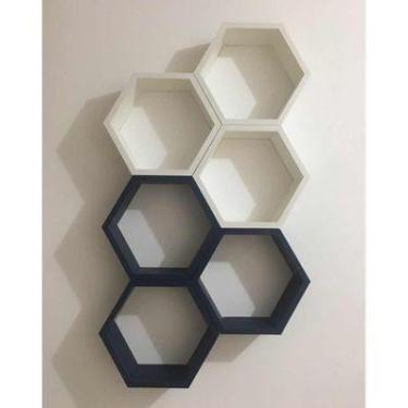 Imagem de Nicho Colmeia Hexagonal 6 Peças Branco E Azul Ou +cores Mdf - B&D Arte
