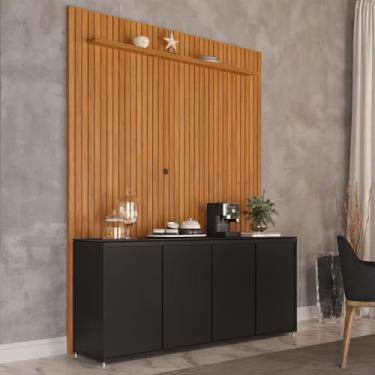 Imagem de Painel Ripado 184cm Com Buffet 4 Portas Oslo 180cm - Preto e Cedro