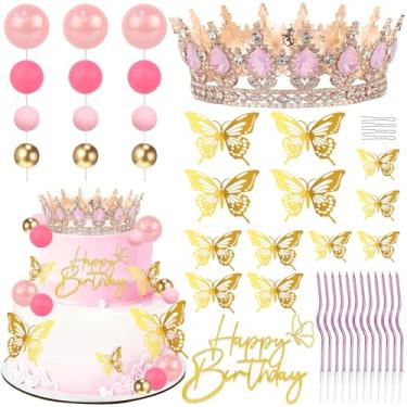 Imagem de Topo de bolo de coroa de aniversário, decorações de bolo com topo de bolo de feliz aniversário, bolas, borboletas douradas, Corona para pastel para mulheres, princesa, decoração de festa de casamento