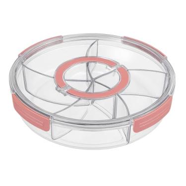 Imagem de Bandeja de servir com seção de plástico transparente, redonda, 5 compartimentos, transparente com detalhes rosa, organizador de bandeja de festa