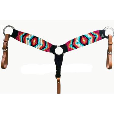 Imagem de Cheval's International Coleira de peito de cavalo Western Mohair, feita à mão, de lã e couro, ajustável, durável e confortável, peitoral para cavalos – Pônei rosa/preto