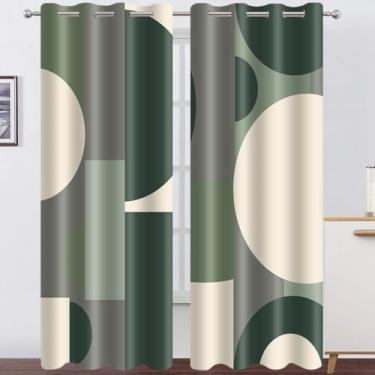 Imagem de Cortinas blackout verde sálvia abstrata verde moderno geométrico cortina círculos meados do século cinza bege minimalista estética vintage ilhós cortinas de janela para quarto cozinha sala de estar