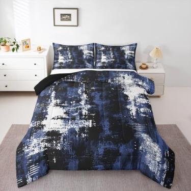 Imagem de Feelyou Conjunto de edredom abstrato, King, moderno, arte abstrata, conjunto de cama para crianças, meninos, meninas, preto e azul, decoração de quarto de luxo, microfibra geométrica, 3 peças com 2