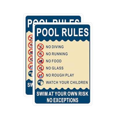 Imagem de Pacote com 2 placas de regras de piscina, sem mergulho, corrida, comida, vidro, brincadeira áspera, veja seus filhos nadarem em seu próprio risco, placa de sinuca de sinuca de 35,5 x 25,4 cm de metal