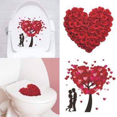 Imagem de Adesivo de banheiro coração vermelho rosa flor amor árvore abraço amantes banheiro adesivos de parede tampa vaso sanitário decalques adesivos arte decoração
