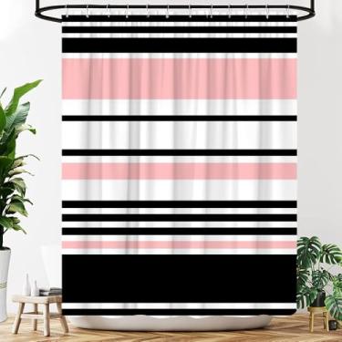 Imagem de YOZSLGU Cortina de chuveiro listrada rosa moderna minimalista tecido listrado preto decoração cortinas com ganchos, 177,8 cm L x 170 A